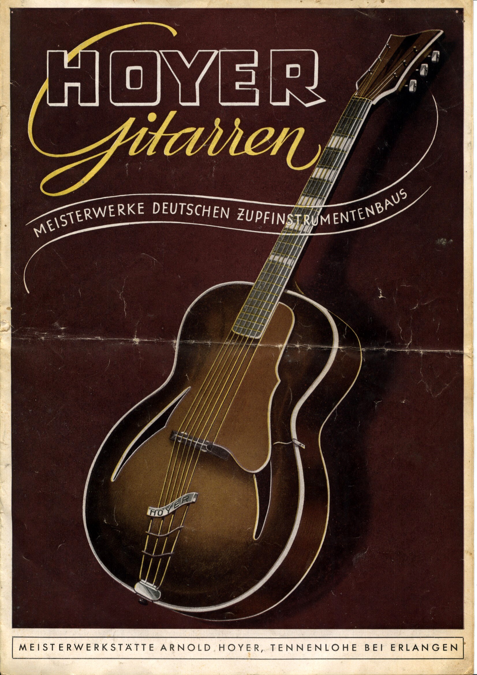 Colour 1948 catalogue cover on deep red: large HOYER Gitarren title with a cream banner reading “MEISTERWERKE DEUTSCHEN ZUPFINSTRUMENTENBAUS,” and a brown archtop acoustic guitar with f-holes and a Hoyer-branded trapeze tailpiece.